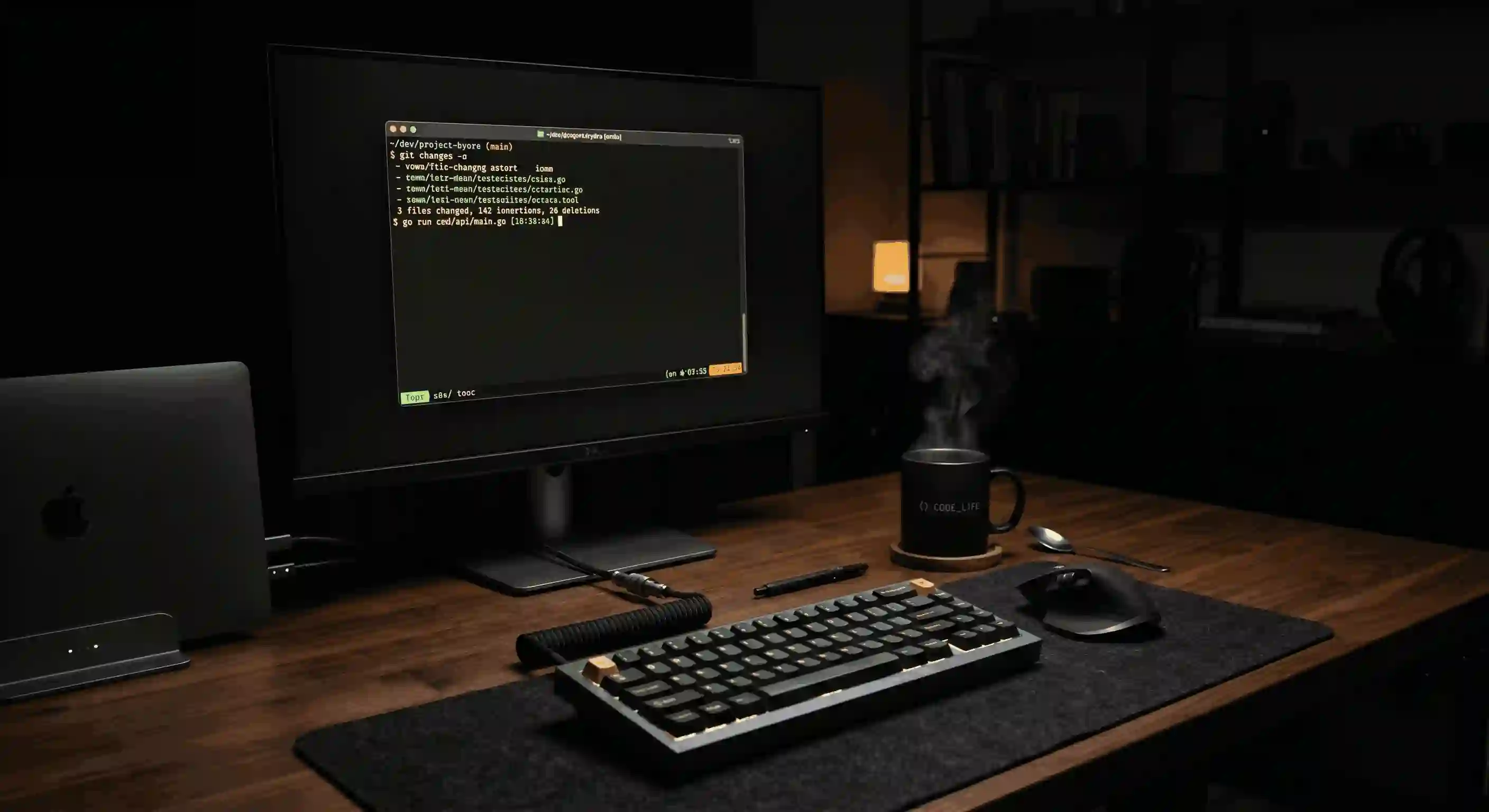 A developer's clean desk with a mechanical keyboard, coffee, and a single focused terminal window glowing in the dark
