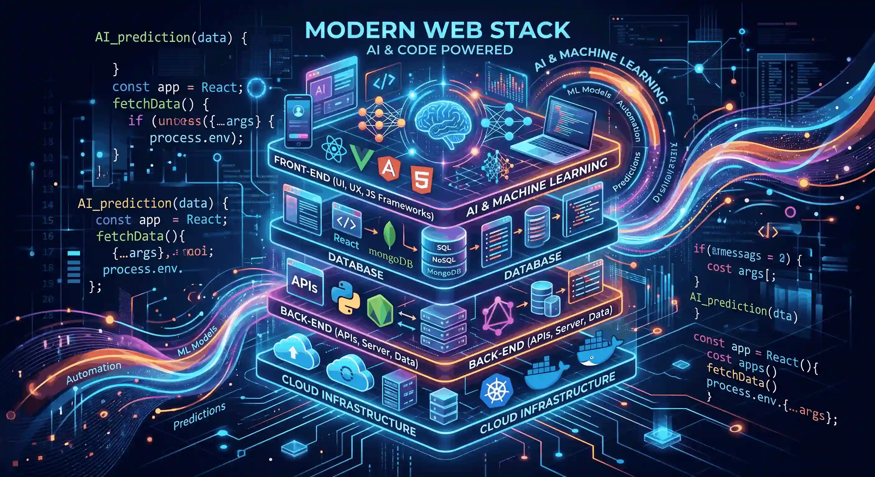Abstract illustration of a modern web stack glowing with code and AI signals